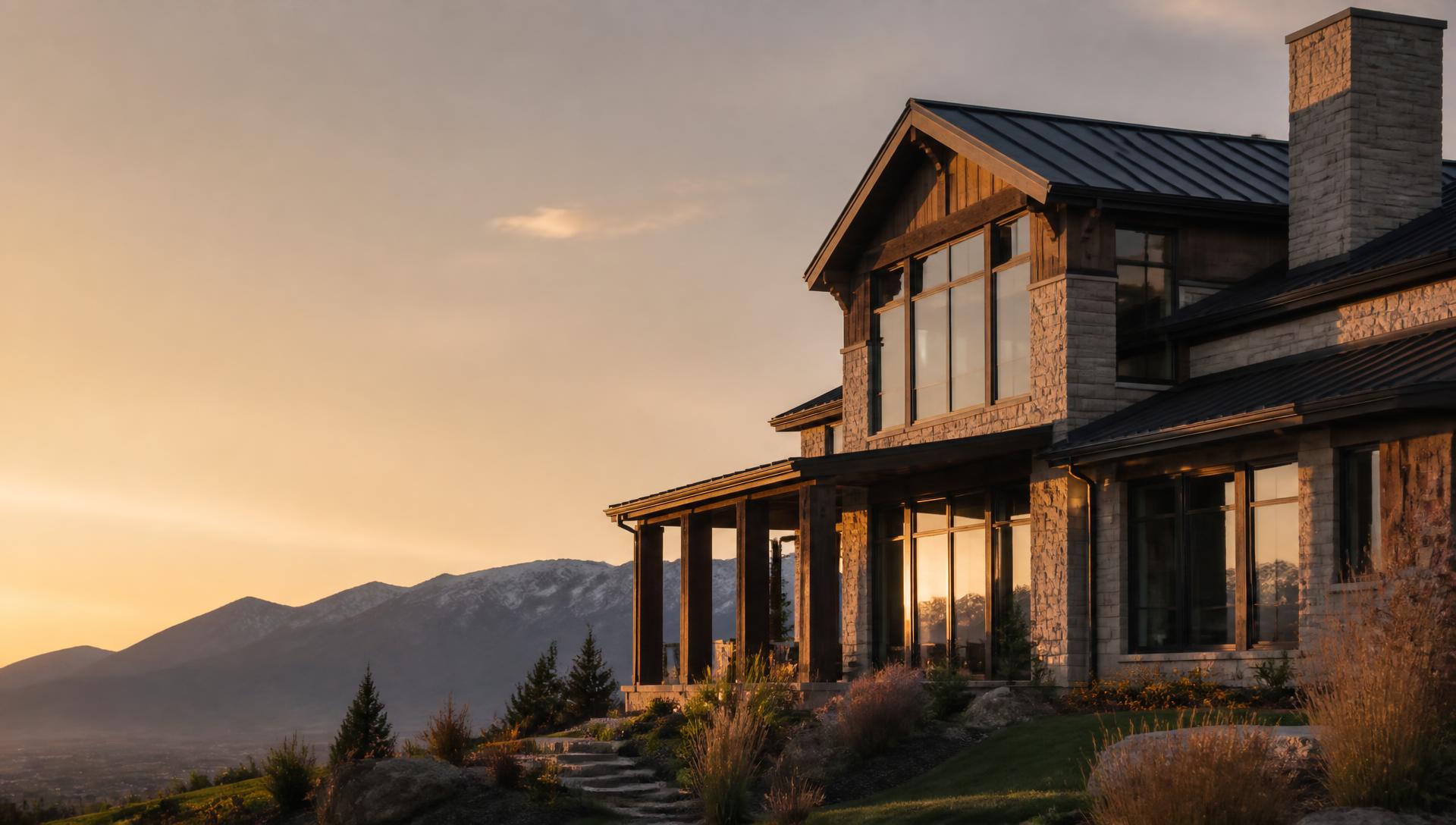 Upscale Utah home exterior at golden hour with the Wasatch Front behind it
